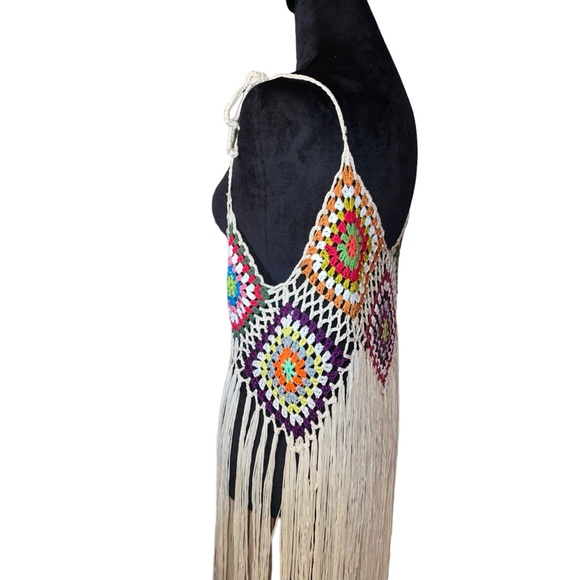 Women’s Boho Granny Square Bathing Suit Cover Up Multi Color Long Fringe NWOT - Picture 8 of 8